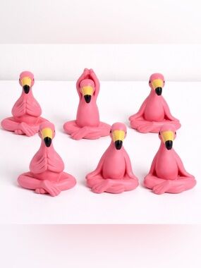 Set of 6 Pink Flamingo Yoga Figurines (3 New Sealed + 3 Loose)